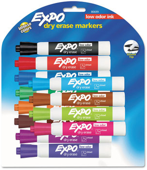 EXPO® Low-Odor Dry-Erase Marker Broad Chisel Tip, Assorted Colors, 12/Set