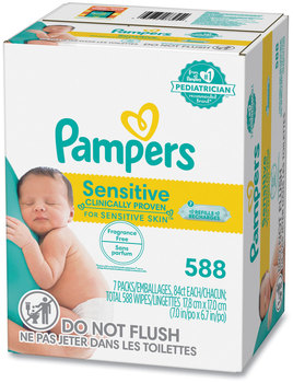 Pampers® Sensitive Baby Wipes. 1-ply. 6.7 X 7 in. White. Unscented. 84 wipes/pack, 7 packs/carton.