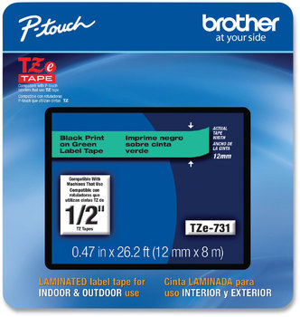 Brother P-Touch® TZe Laminated Removable Label Tapes. 0.47 in. X 26.2 ft. Black on Green.