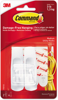 Command™ General Purpose Hooks Medium, Plastic, White, 3 lb Capacity, 2 and 4 Strips/Pack