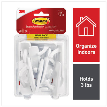 Command™ General Purpose Hooks Medium, Plastic, White, 3 lb Capacity, 20 and 24 Strips/Pack