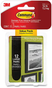 Command™ Bath Picture Hanging Strips Large, Removable, Holds Up to 4 lbs per Pair, 0.75 x 3.65, Black, 12 Pairs/Pack
