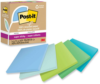 Post-it® Notes Super Sticky Pads with 100% Recycled Paper. 3 X 3 in. Oasis Colors Collection. 70 sheets/pad, 5 pads/pack.