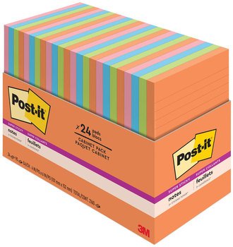 Post-it® Notes Ruled Super Sticky Note Pads in Cabinet Pack. 4 X 6 in. Energy Boost Colors Collection. 45 sheets/pad, 24 pads/pack.
