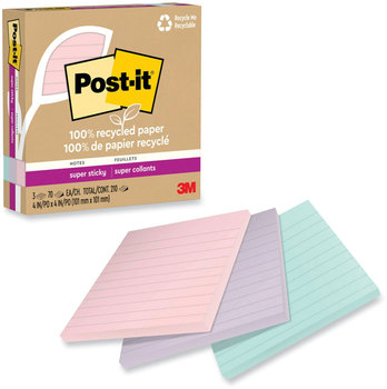 Post-it® Notes Ruled Super Sticky Pads with 100% Recycled Paper. 4 X 4 in. Wanderlust Pastels Collection. 70 sheets/pad, 3 pads/pack.