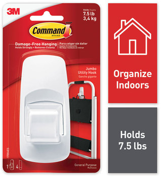 Command™ General Purpose Hooks Jumbo, Plastic, White, 7.5 lb Capacity, 1 Hook and 4 Strips
