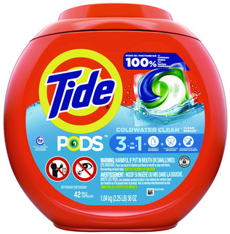 Tide® PODS™ Laundry Detergent. 36 oz. Clean Breeze scent. 42 pacs/tub, 4 tubs/carton.