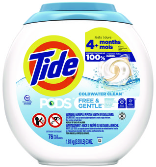 Tide® PODS™ Free & Gentle Laundry Detergent Pods. 63 oz. 76 pacs/tub, 4 tubs/carton.