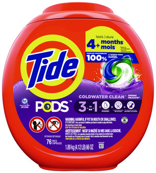 Tide® PODS™ Laundry Detergent. 66 oz. Spring Meadow scent. 76 pacs/tub, 4 tubs/carton.