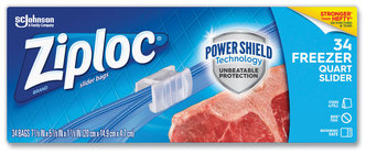 Ziploc® Slider Freezer Bags 1 qt, 1.75 mil, 5.88" x 1.88" 7.88", Clear, 34/Box