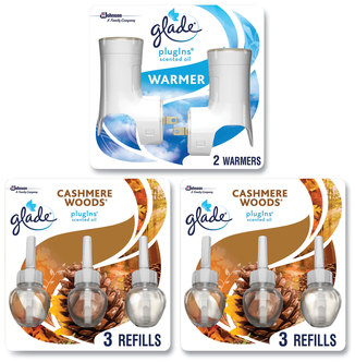 Glade® Plugin Scented Oil Warmer and Refills. 0.67 oz. Cashmere Woods scent. 2 warmers and 6 refills/pack.
