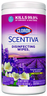 Clorox® Scentiva™ Bleach Free Cleaning Wipes. 7.75 X 7 in. Tuscan Lavender and Jasmine scent. 75 Wipes/Canister.