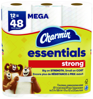 Charmin® Essentials Strong™ Septic Safe Bathroom Tissue. 1-Ply. White. 429 sheets/roll, 12 rolls/pack.