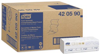 Tork Xpress Premium Compressed 3-panel Multifold Hand Towels. 9.5 X 3.2 in. 200 towels/sleeve, 12 sleeves/case.