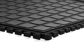 Hog Heaven® Modular Corner Tile with Smooth Back, 18 inch. 21.75 X 21.75 X .075 in. Yellow border.