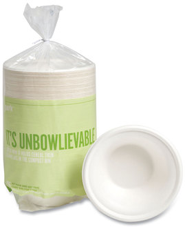 Perk™ PFAS-Free Compostable Bagasse Bowls Sugarcane, 12 oz, White, 125/Pack