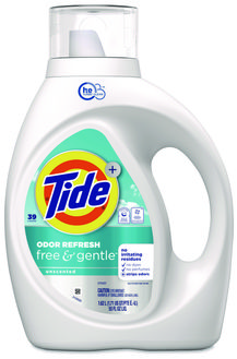 Tide® Free & Gentle™ Odor Refresh Liquid Laundry Detergent. 55 oz. Unscented. 4 bottles/carton, 39 loads/bottle.