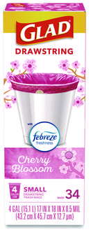 Glad® OdorShield® Small Drawstring Trash Bags. 0.5 mil. 18 X 17 in. 4 gal. Pink. Cherry Blossom scent. 34/box.
