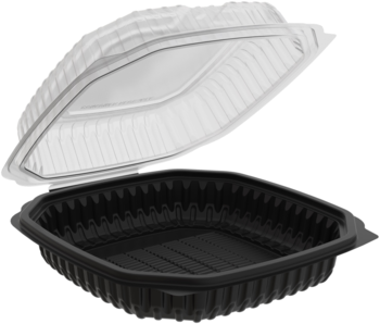 Anchor Packaging Culinary Lites® Hinged Clamshell Containers. 1-Compartment. 38 oz. 9 X 9 X 3.07 in. Black and Clear. 120/case.