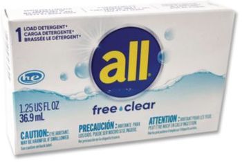 all® Free Clear HE Liquid Laundry Detergent, Unscented, 1.25 oz Vending Box, 100/Carton