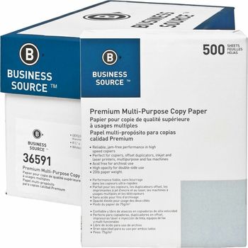 Business Source Acid-Free Premium Multipurpose Copy Paper. 20 lb. 92 brightness. 8 1/2 X 11 in. White. 500 sheets/ream, 10 reams/case, 5,000 sheets/case..