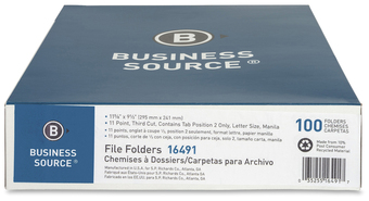Business Source 1/3 Center Tab Cut Letter Size Recycled File Folders. 8.5 X 11 in. Manilla. 100/box.