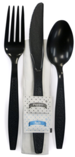 Ambiance 6 Piece Polystyrene Heavyweight Wrapped Cutlery Kit with Fork, Knife, Teaspoon, 12 X 13 in. Napkin, Salt & Pepper. Black. 250 kits/case.