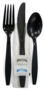 A Picture of product CRY-6PABFKTNSPPS250 Ambiance 6 Piece Polystyrene Heavyweight Wrapped Cutlery Kit with Fork, Knife, Teaspoon, 12 X 13 in. Napkin, Salt & Pepper. Black. 250 kits/case.
