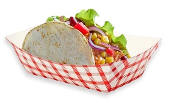 Crystalware Paper Boat Food Trays. 2 lb. White and Red. 250 trays/bag, 4 bags/case.