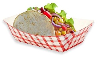 Crystalware Paper Boat Food Trays. 0.25 lb. White and Red. 250 trays/bag, 4 bags/case.