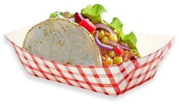 Crystalware Paper Boat Food Trays. 0.50 lb. White and Red. 250 trays/bag, 4 bags/case.