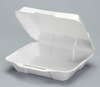 A Picture of product 217-714 Foam Hinged Lid Container.  Medium, Single Compartment.  8.88" x 9.25" x 3".  White Color.