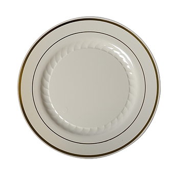 Fineline Silver Splendor Salad Plates. 7.5 in. Bone and Gold. 15/pack, 10 packs/case.