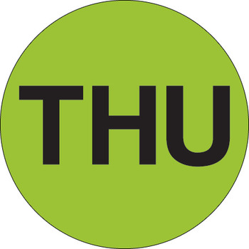 Days of the Week Labels.  1" Circle.  Printed "THU".  Fluorescent Green Color.