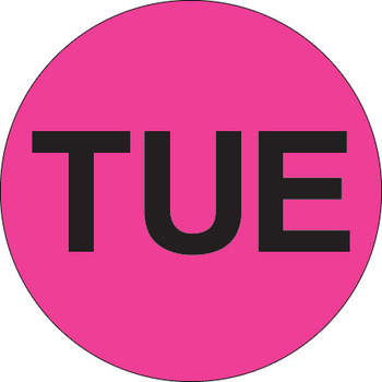 Days of the Week Labels.  1" Circle.  Printed "TUE".  Fluorescent Pink Color.