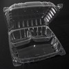 A Picture of product 329-499 Dart ClearSeal® 3-Compartment Large Plastic Hinged Lid Containers. 8-7/8 X 9-3/8 X 3 in. Clear. 100 containers/sleeve, 2 sleeves/case.
