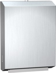 American Specialties ASI Paper Towel Dispenser. Surface Mounted. Satin stainless steel. 11" x 14.5" x 4". Dispenses 400 C-fold or 525 multi-fold paper towels without adjustment or adapters.