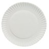 A Picture of product 150-200 Paper Plate. White. 6" Diameter. Uncoated. Fluted rim. 10 packs of 100, 1000 total/cs.