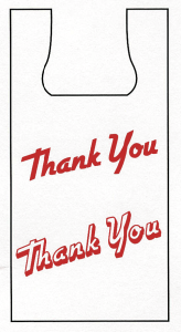 Plas-T-Sak High Density T-Shirt Bag.  20 lb.  White, Printed "Thank You".  8-3/4" x 5-1/2" x 18".