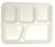 School Lunch Tray. 5-Compartment. Foam. White Color. 125 Trays/Sleeve, 4 Sleeves/Case.