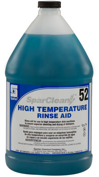SparClean™ High Temperature Rinse Aid #52. Ensures superior water sheeting and drying of dishware and utensils in high temperature dish machines. 1 Gallon.