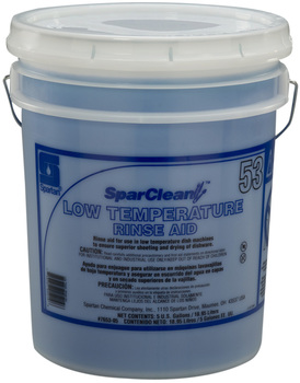SparClean™ Low Temperature Rinse Aid #53. Ensures superior water sheeting and drying of dishware and utensils in low temperature dish machines. 5 Gallons.
