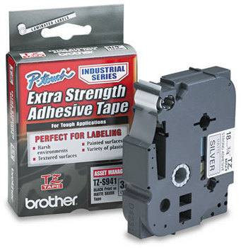 Brother P-Touch® TZe Series Extra-Strength Adhesive Laminated Labeling Tape, 3/4w, Black on Matte Silver