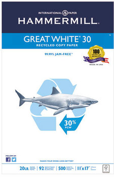 Hammermill® Great White® 30 Recycled Copy Paper,  92 Brightness, 20lb, 11 x 17, 500 Sheets/Ream