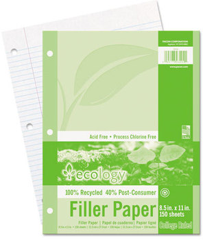 Pacon® Ecology® Filler Paper, 8-1/2 x 11, College Ruled, 3-Hole Punch, WE, 150 Sheets/PK