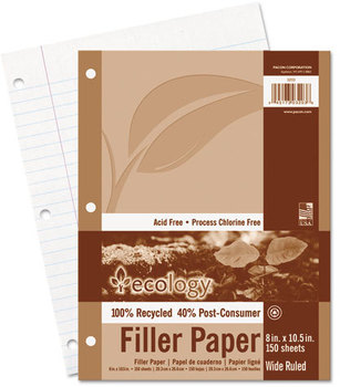 Pacon® Ecology® Filler Paper, 8 x 10-1/2, Wide Ruled, 3-Hole Punch, White, 150 Sheets/PK