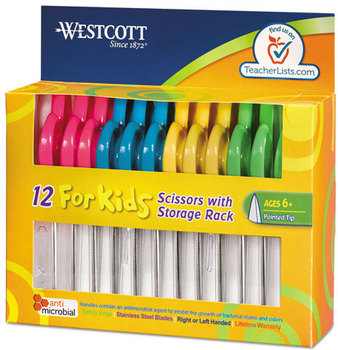 Westcott® Kids' Scissors with Antimicrobial Protection,  5" Pointed, 12/Pack