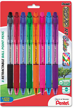 Pentel® R.S.V.P.® RT Retractable Ballpoint Pen,  1mm, Clear Barrel, Assorted Ink, 8/Pack
