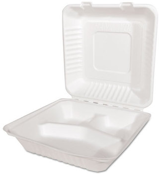 SCT® ChampWare™ Molded-Fiber Clamshell Containers, 3-Comp, 9w x 9d x 3h, White, 200/Carton. Compostable.