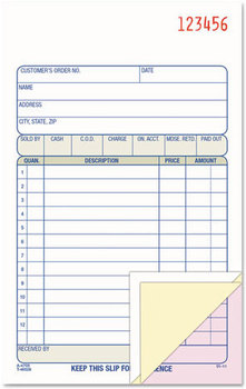 Adams® Sales/Order Book,  Three-Part Carbonless, 4-3/16 x 7 3/16, 50 Sheets